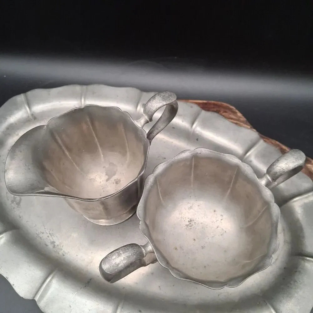 Vtg Flagg & Homan Pewter Creamer Sugar Tray Set #138 Colonial Farmhouse Serving